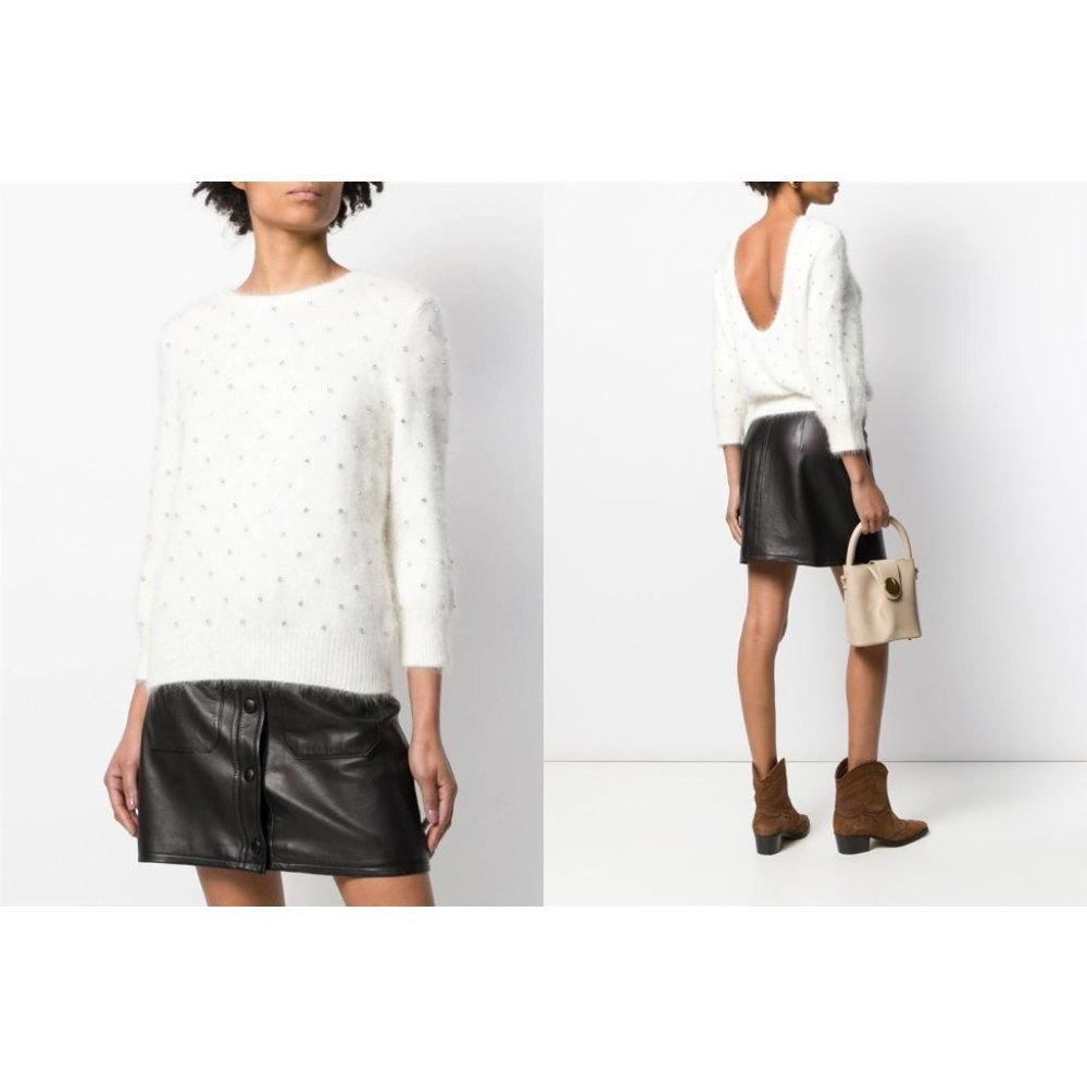 BA&SH Amby Rhinestone Detail Angora Sweater Ecru